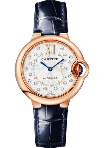 Cartier Ballon Bleu de Cartier Watch - 33 mm Rose Gold Case - Matt Silvered Stamped Sunray Diamond Dial - Blue Leather Strap - WGBB0052