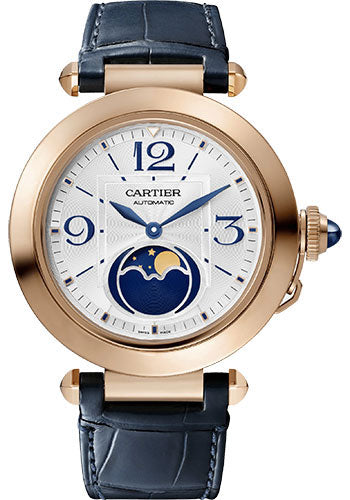 Cartier Pasha de Cartier Moon Phases Watch - 41 mm Rose Gold Case - Silver Dial - Blue Strap and Second Gray Alligator Leather Strap - WGPA0026