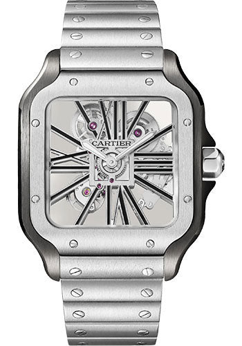 Cartier Santos de Cartier Watch - 39.8 mm Black Adlc Steel Case - Skeleton Dial - Steel Bracelet and Second Gray Alligator Leather Strap - WHSA0027