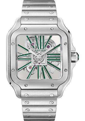 Cartier Santos de Cartier Watch - 39.8 mm Steel Case - Skeleton Dial - Steel Bracelet and Second Green Alligator Leather Strap - WHSA0028