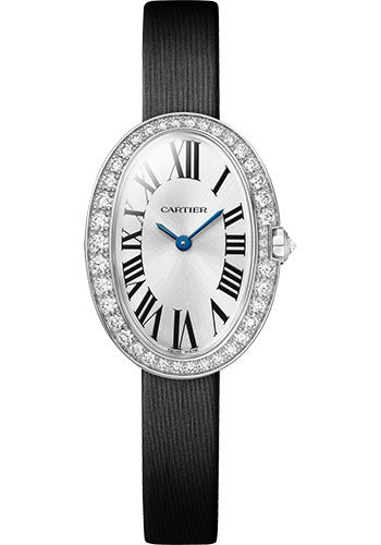 Cartier Baignoire Watch - 31.6 mm x 24.5 mm White Gold Diamond Case - Silvered Dial - Black Brushed Calfskin Leather Strap - WJBA0029