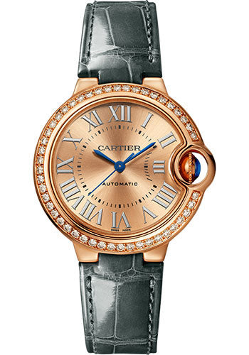 Cartier Ballon Bleu de Cartier Watch - 33 mm Rose Gold Case - Rose Gold Color Sunray-Brushed Dial - Gray Leather Strap - WJBB0076