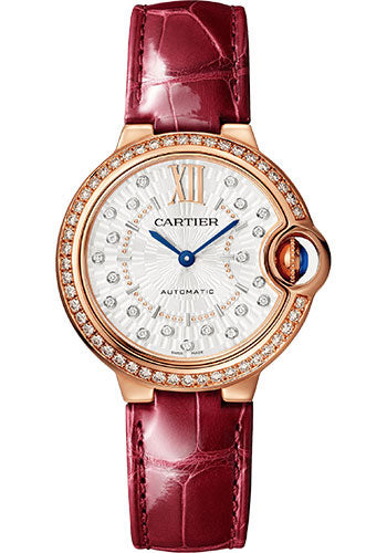 Cartier Ballon Bleu de Cartier Watch - 33 mm Rose Gold Diamond Case - Matt Silvered Stamped Sunray Diamond Dial - Burgundy Leather Strap - WJBB0080