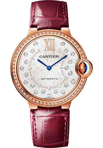 Cartier Ballon Bleu de Cartier Watch - 36 mm Rose Gold Diamond Case - Matt Silvered Stamped Sunray Diamond Dial - Burgundy Leather Strap - WJBB0081