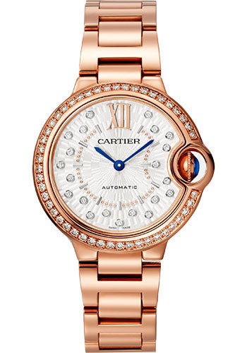 Cartier Ballon Bleu de Cartier Watch - 33 mm Rose Gold Diamond Case - Matt Silvered Stamped Sunray Diamond Dial - Bracelet - WJBB0082