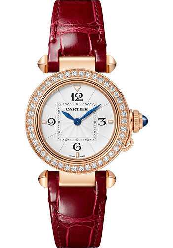 Cartier Pasha de Cartier Watch - 30 mm Rose Gold Case - 42 Diamond Bezel - Opaline Dial - Red Leather Strap and Second Gray Alligator Leather Strap - WJPA0017