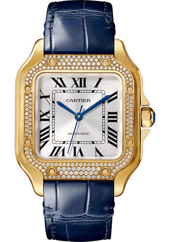 Cartier Santos de Cartier Watch - 35.1 mm Yellow Gold Case - Diamond Bezel - Sunray-Effect Dial - Two Alligator Strap - WJSA0013