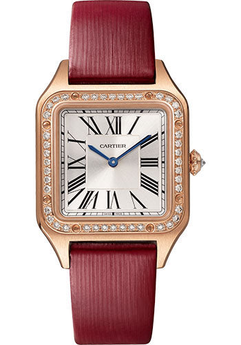 Cartier Santos-Dumont Watch - 38 mm x 27.5 mm Rose Gold Case - 44 Diamond Bezel - Silver Satin-Brushed Dial - Calfskin Straps - WJSA0019