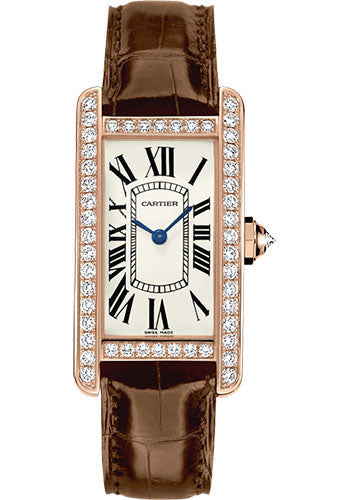 Cartier Tank Americaine Watch - 34.8 mm Pink Gold Diamond Case - Brown Alligator Strap - WJTA0002