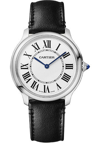 Cartier Ronde Must de Cartier Watch - 36 mm Steel Case - Sandblasted Silvered Dial - Black Strap - WSRN0031