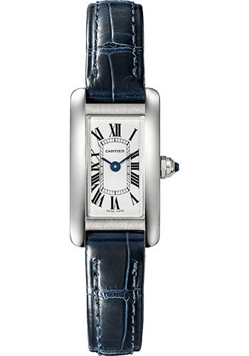 Cartier Tank AmŽricaine Watch - 27 mm x 15.2 mm Steel Case - Silvered Dial - Navy Blue Alligator Strap - WSTA0032