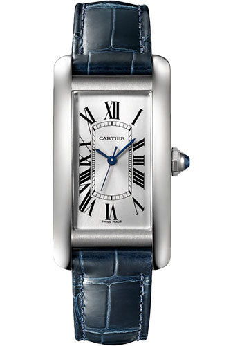 Cartier Tank AmŽricaine Watch - 41.60 mm x 22.60 mm Steel Case - Silver Dial - Navy Blue Leather Strap - WSTA0044