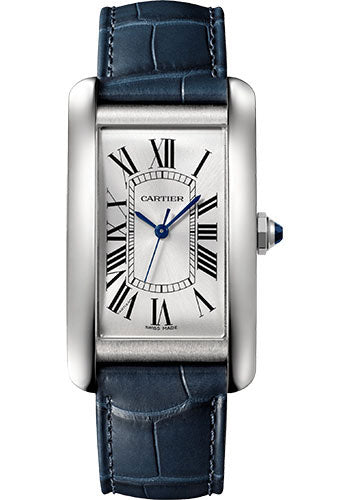 Cartier Tank AmŽricaine Watch - 45.10 mm x 26.60 mm Steel Case - Silvered Dial - Navy Blue Leather Strap - WSTA0045